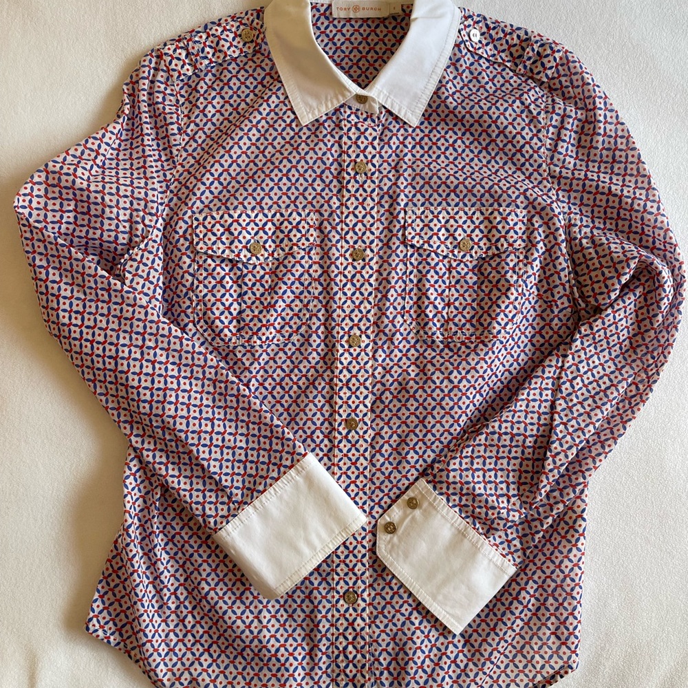 Tory Burch blouse, 100% cotton, blue/red geometric pattern, gold buttons